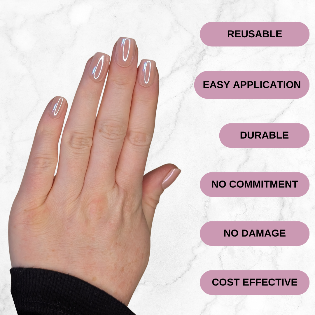 Left hand showing square nails in a metallic blush colour against a marble background. Reusable, easy application, durable, no commitment, no damage, cost effective.