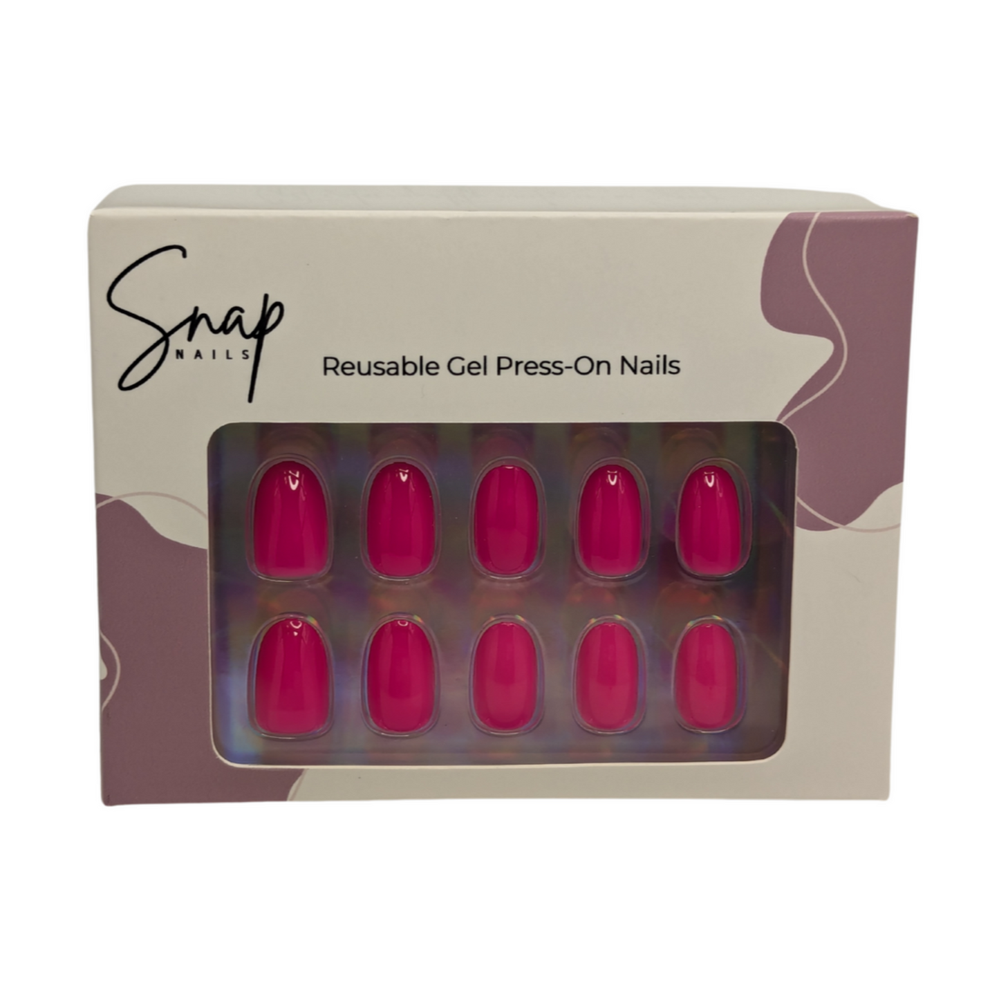 10 hot pink Snap Nails displayed in a box in rows of 5. the box design in white with two mauve blobs. title: Snap Nails - Reusable Gel Press-On Nails