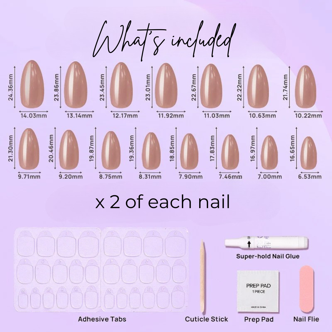 image of 14 almond mocha nails, adhesive tabs, cuticle stick, prep pad, nail glue and nail file.