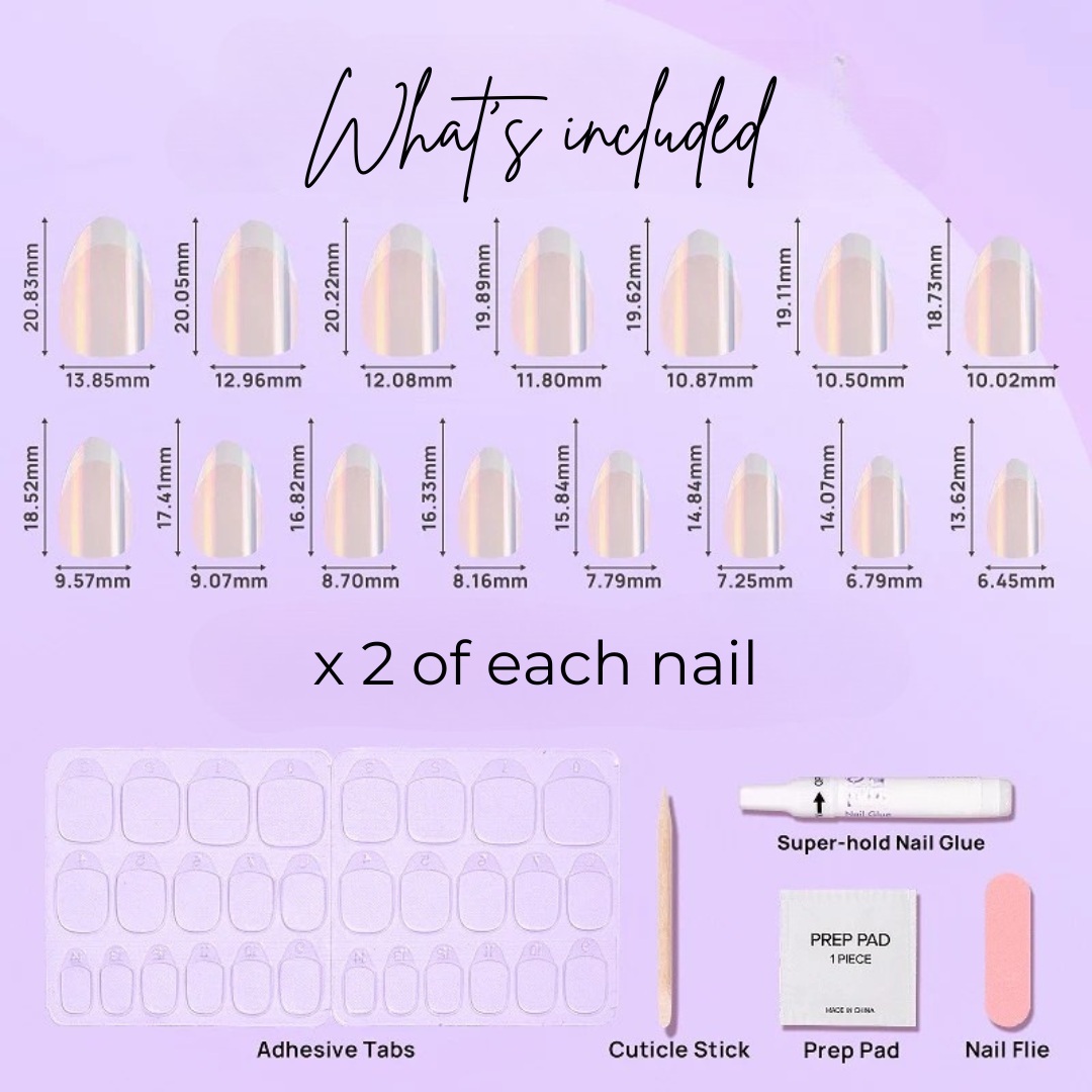 image of 14 almond Andie nails, adhesive tabs, cuticle stick, prep pad, nail glue and nail file.