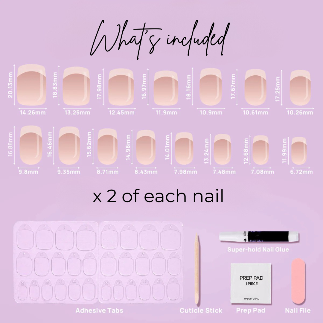 image of 15 square coco french tip nails, adhesive tabs, cuticle stick, prep pad, nail glue and nail file.