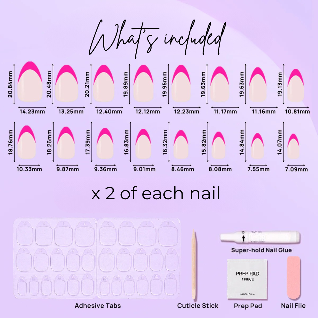 image of 16 almond Elle nails, adhesive tabs, cuticle stick, prep pad, nail glue and nail file.