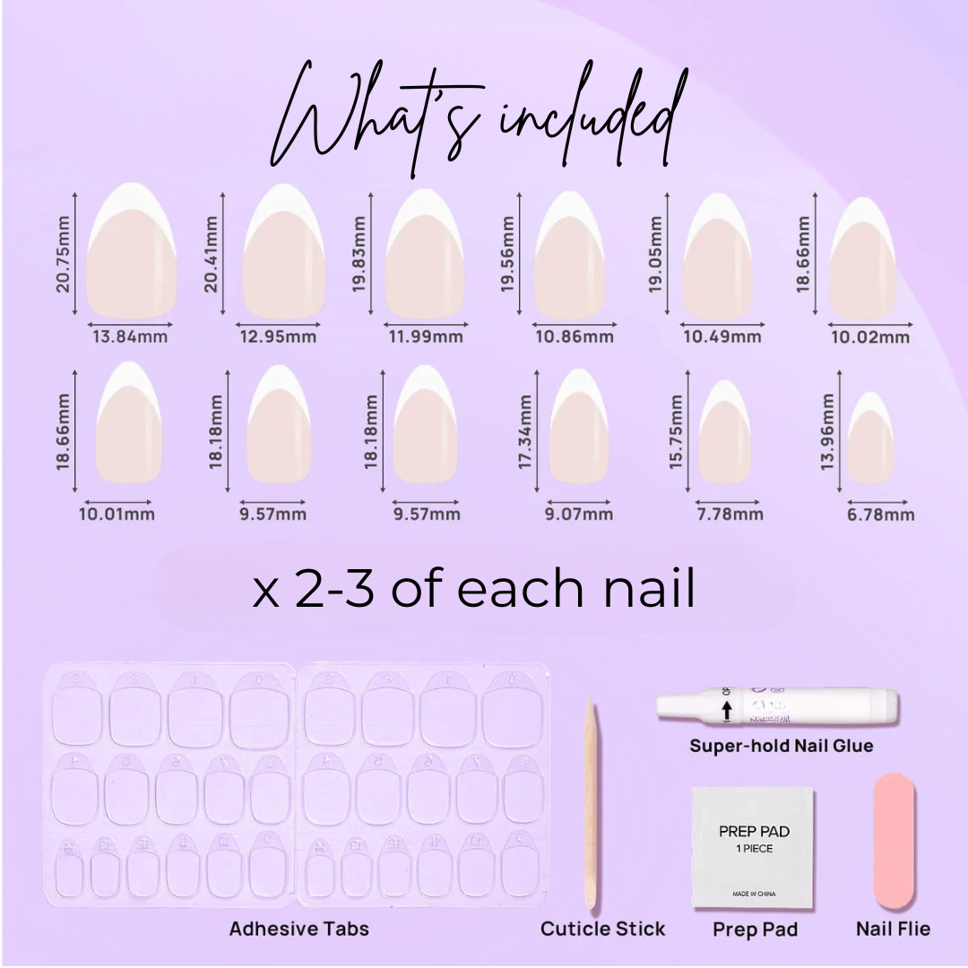 image of 13 almond Jane nails, adhesive tabs, cuticle stick, prep pad, nail glue and nail file.