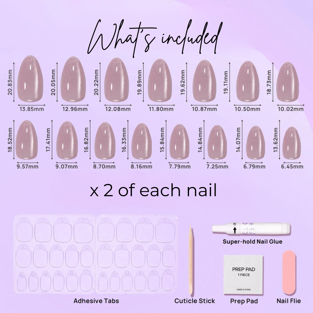 image of 14 almond latte nails, adhesive tabs, cuticle stick, prep pad, nail glue and nail file.