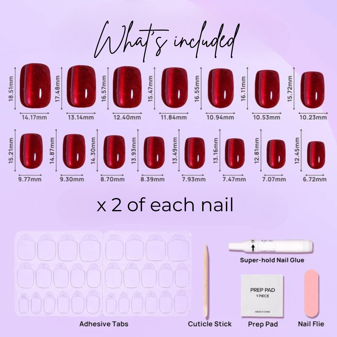 image of 15 square cherry glaze nails, adhesive tabs, cuticle stick, prep pad, nail glue and nail file.