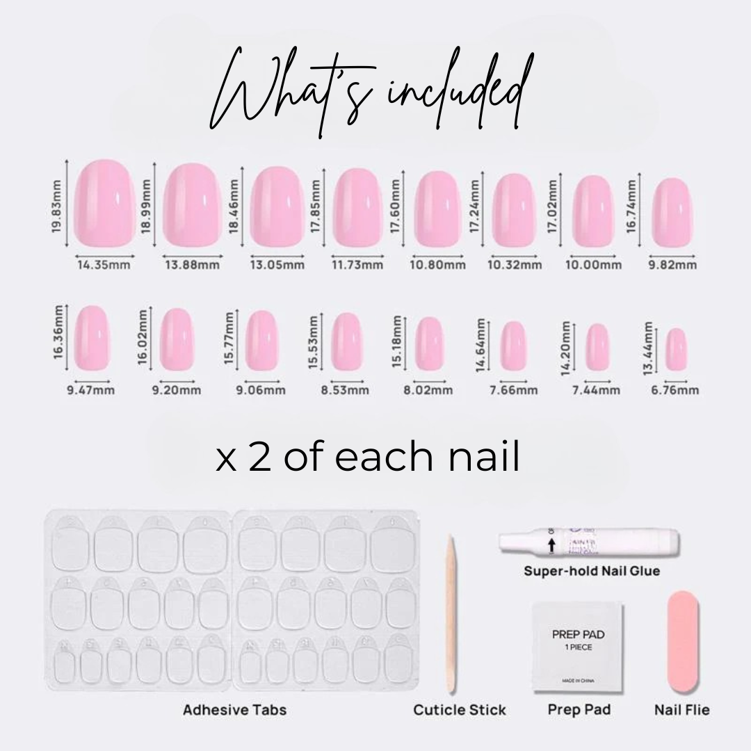 image of 16 oval flamingo nails, adhesive tabs, cuticle stick, prep pad, nail glue and nail file.