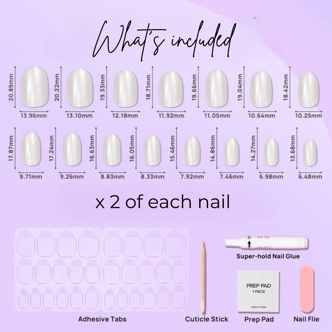 image of 14 oval pearl nails, adhesive tabs, cuticle stick, prep pad, nail glue and nail file.