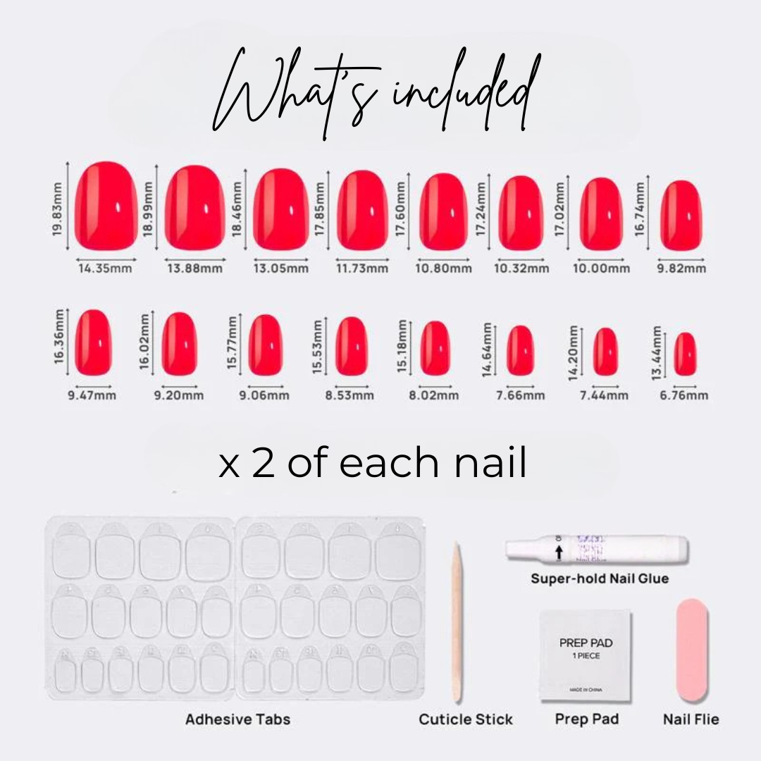 image of 16 oval red lipstick nails, adhesive tabs, cuticle stick, prep pad, nail glue and nail file.