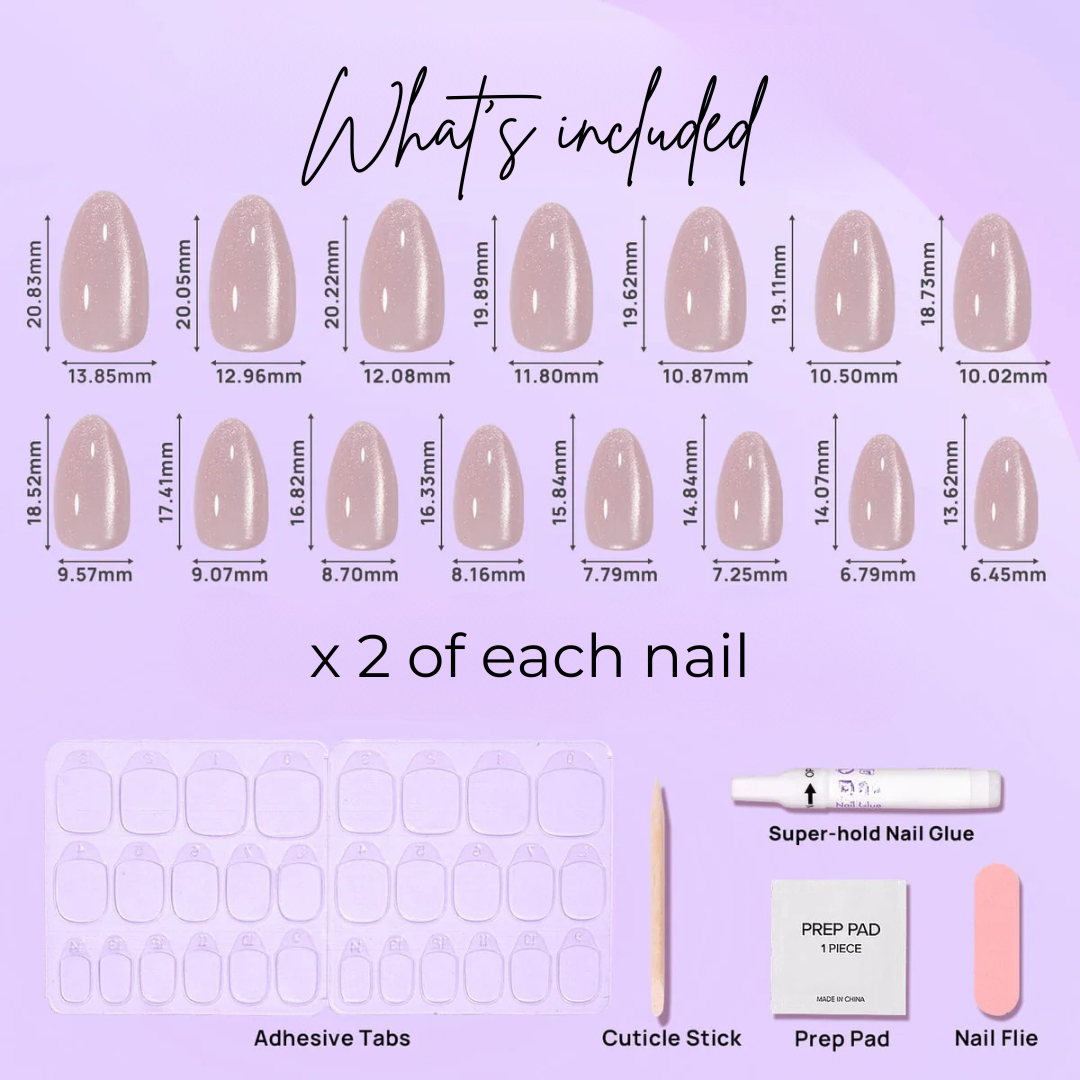 image of 14 almond star dust nails, adhesive tabs, cuticle stick, prep pad, nail glue and nail file.