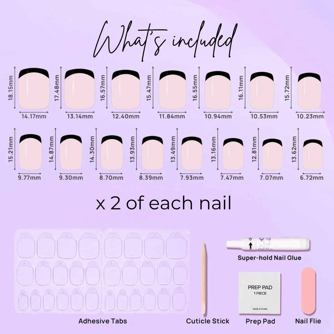 image of 15 square Victoria nails, adhesive tabs, cuticle stick, prep pad, nail glue and nail file.