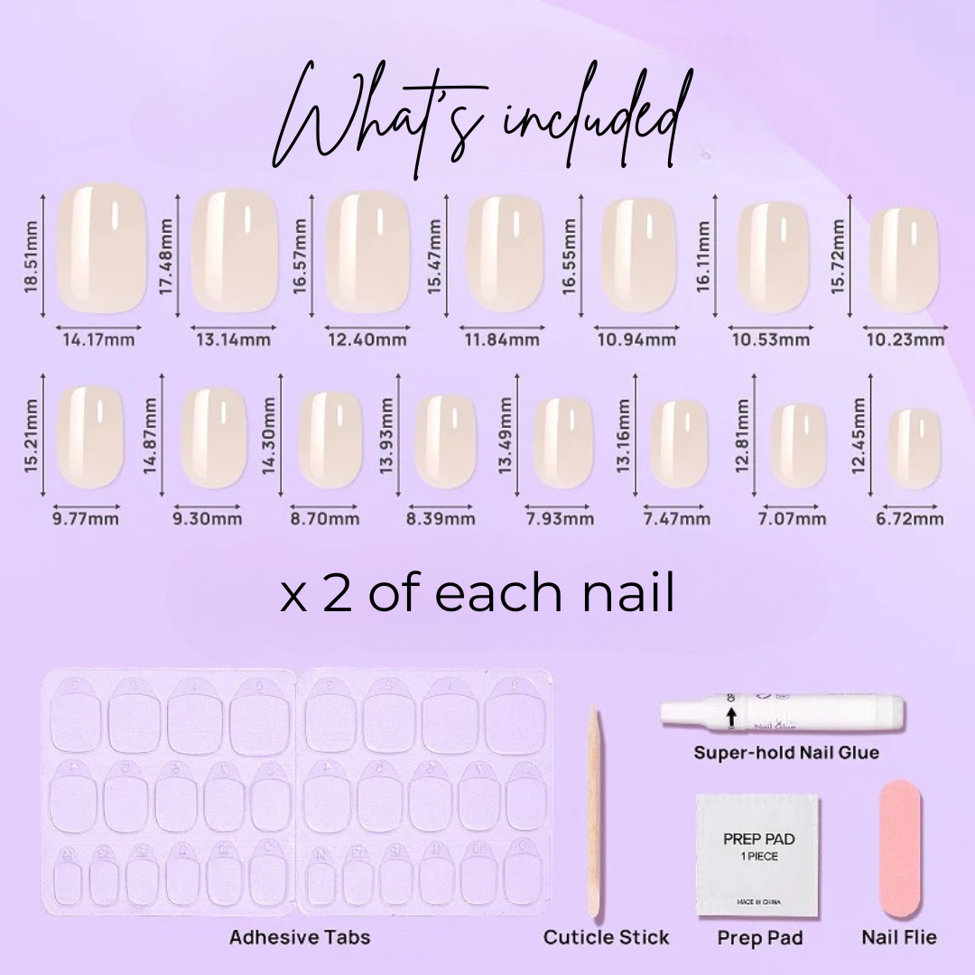 image of 15 square fairy dust nails, adhesive tabs, cuticle stick, prep pad, nail glue and nail file.