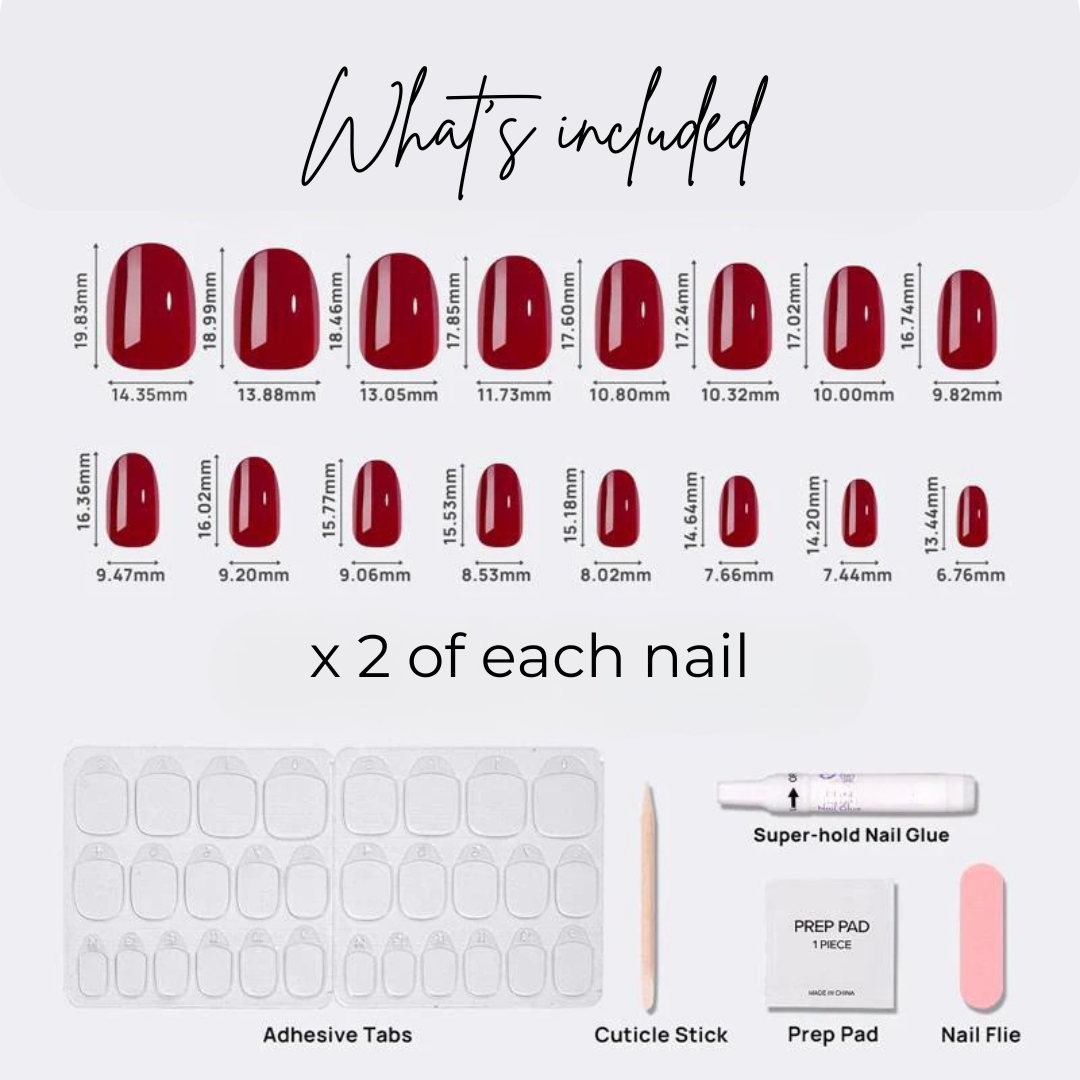 image of 16 oval grenache nails, adhesive tabs, cuticle stick, prep pad, nail glue and nail file.