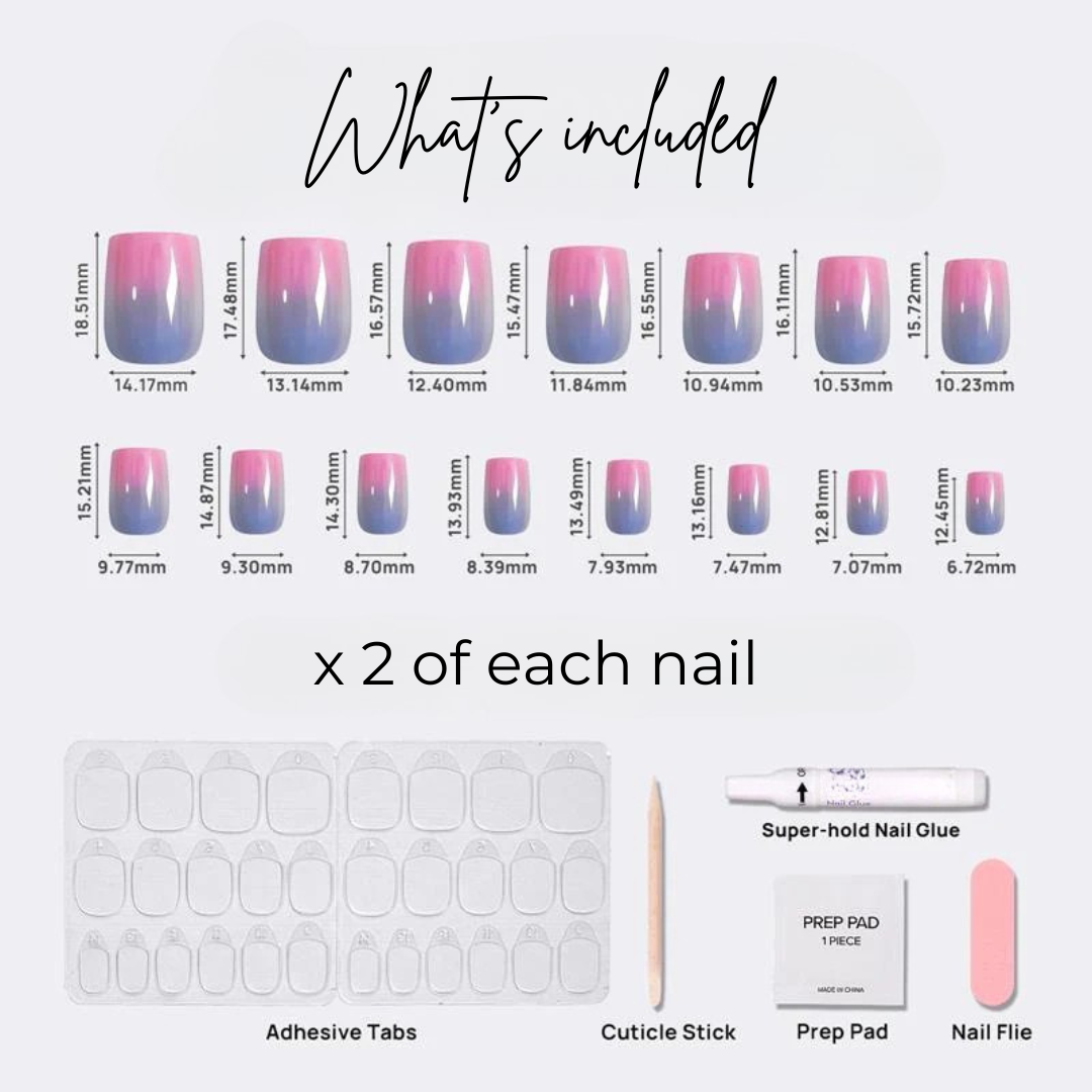 image of 15 square Neon Tetra nails, adhesive tabs, cuticle stick, prep pad, nail glue and nail file.