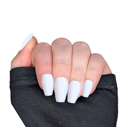 Picture of a left hand wearing medium coffin nails in a white gloss finish.