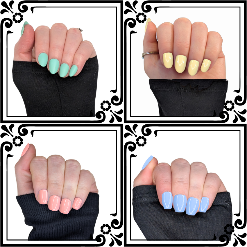 Image of four beginner friendly styles, XS almond, XS square, XS coffin and short oval