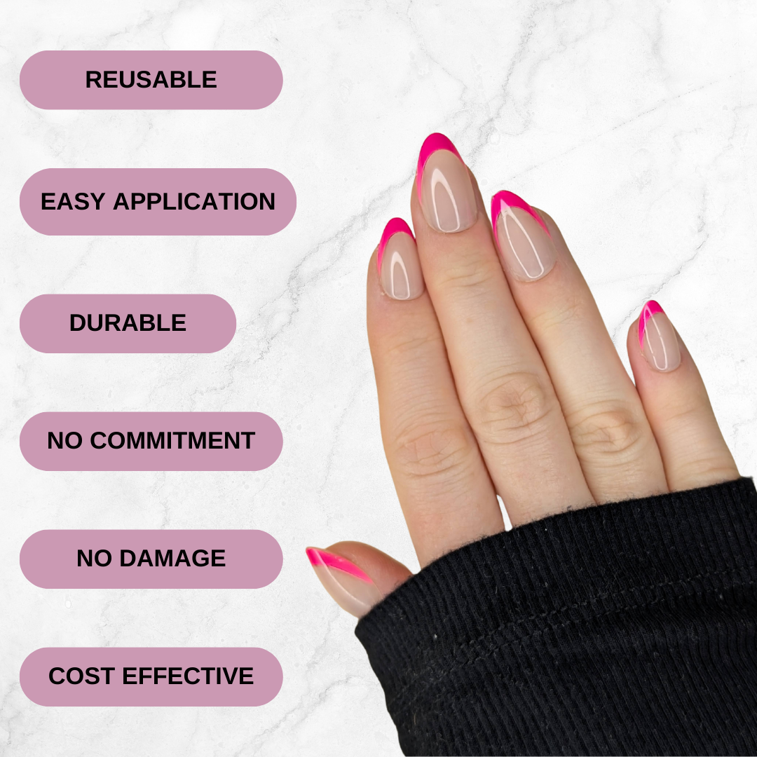 Right hand showing hot pink tipped almond french nails on a marble background. Reusable, easy application, durable, no commitment, no damage, cost effective.
