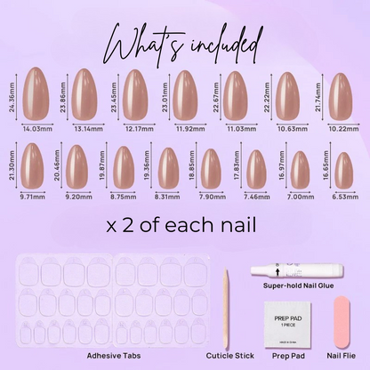 image of 14 almond mocha nails, adhesive tabs, cuticle stick, prep pad, nail glue and nail file.