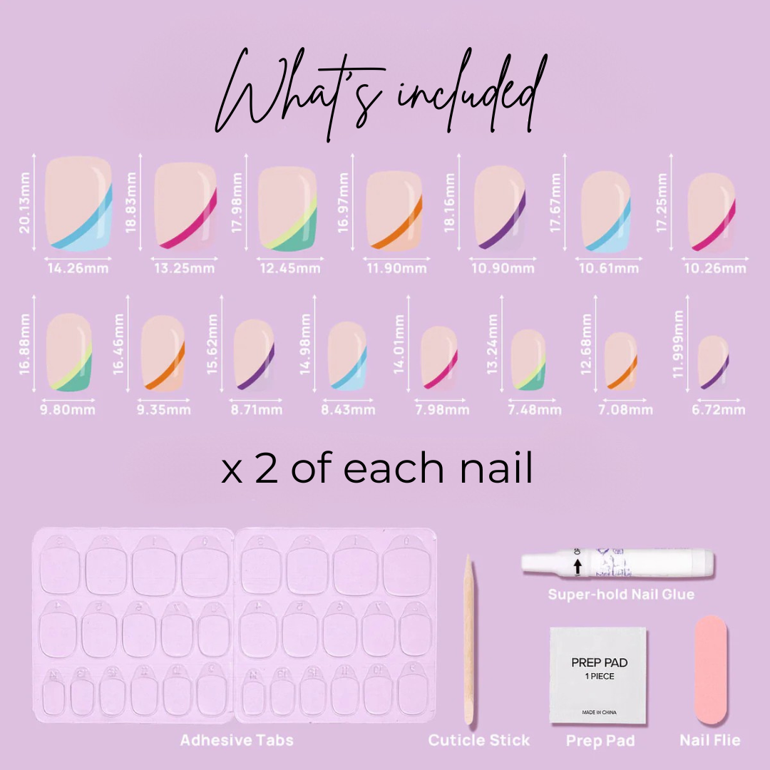 image of 15 square sherbert nails, adhesive tabs, cuticle stick, prep pad, nail glue and nail file.