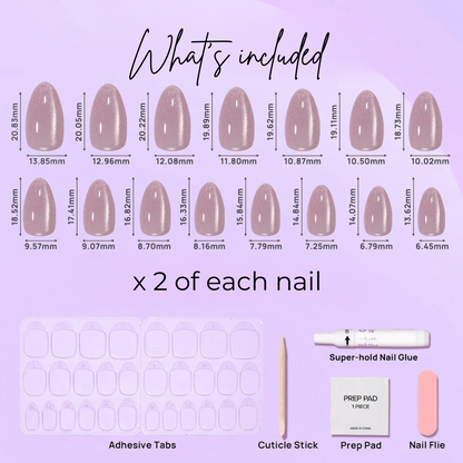 image of 14 almond latte nails, adhesive tabs, cuticle stick, prep pad, nail glue and nail file.