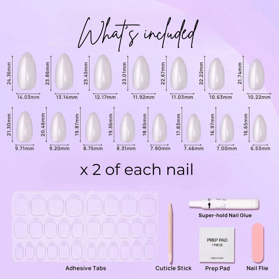 image of 16 almond vanilla icing nails, adhesive tabs, cuticle stick, prep pad, nail glue and nail file.