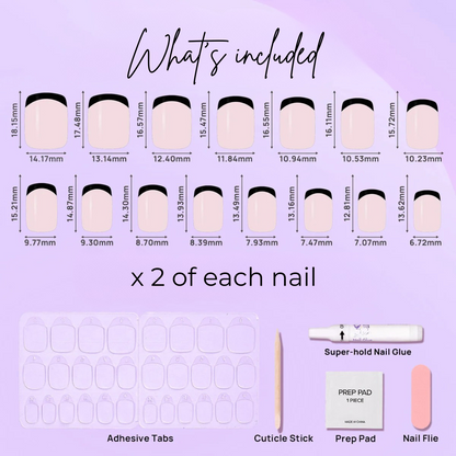 image of 15 square Victoria nails, adhesive tabs, cuticle stick, prep pad, nail glue and nail file.