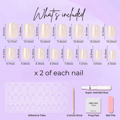 image of 15 square fairy dust nails, adhesive tabs, cuticle stick, prep pad, nail glue and nail file.