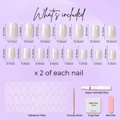 image of 15 square Oyster nails, adhesive tabs, cuticle stick, prep pad, nail glue and nail file.