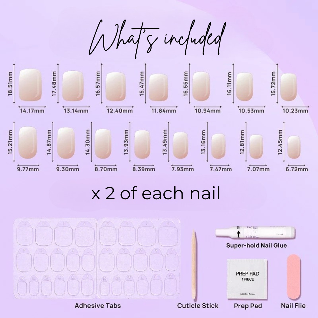 image of 15 square peaches and cream nails, adhesive tabs, cuticle stick, prep pad, nail glue and nail file.